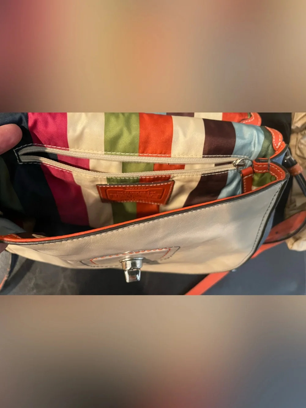 COACH Cream Leather 70 anniversary Stripe Lining and Orange blue legacy Willis
